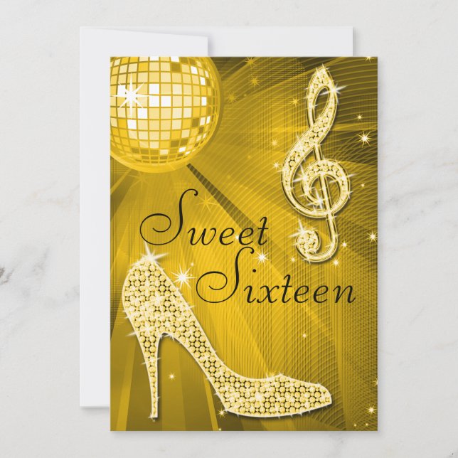 Gold Disco Ball and Sparkle Heels Sweet 16 Invitation (Front)