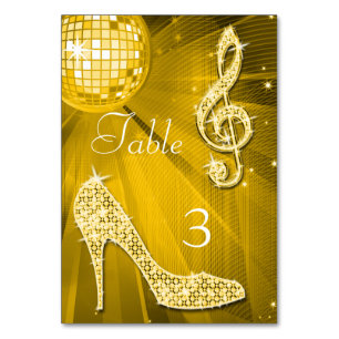Gold Disco Ball and Stiletto Shoe Double Sided Table Number