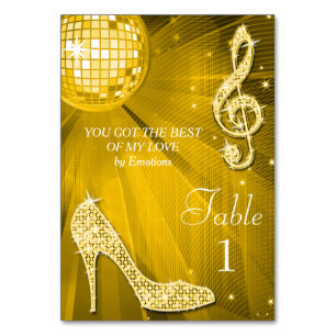 Gold Disco Ball and Stiletto Shoe Double Sided Table Number