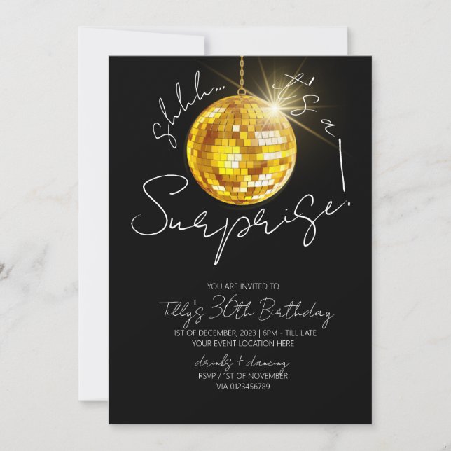 Gold disco ball birthday modern surprise party  invitation (Front)