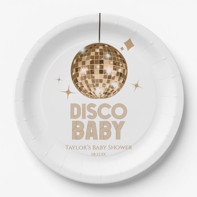 Gold Disco Ball 'Disco Baby' Baby Shower Paper Plate (Front)