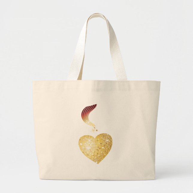 Gold Disco Ball Heart Large Tote Bag (Front)