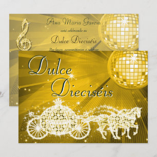 Gold Disco Ball, Princess Coach & Horses Sweet 16 Invitation