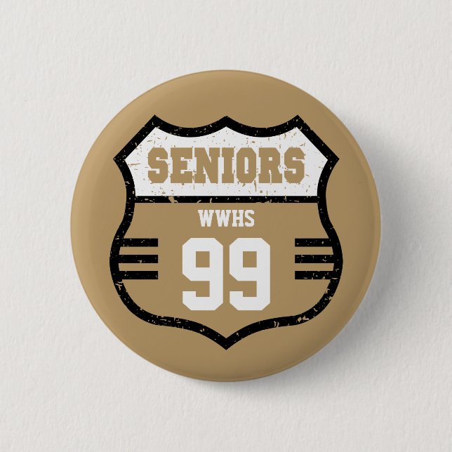 Gold Distressed Seniors Road Sign 2 Inch Round Button (Front)