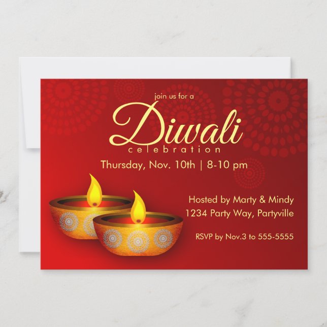 Gold Diyas on Red Invitation (Front)