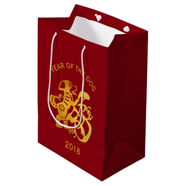 Gold Dog Papercut Chinese New Year 2018 M Gift Bag (Front Angled)