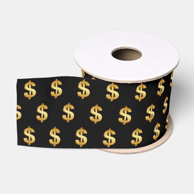 Gold Dollar Signs On Black Grosgrain Ribbon (Spool)