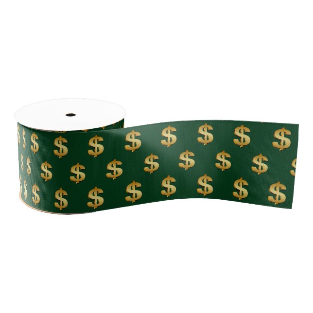 Gold Dollar Signs On Green Grosgrain Ribbon (Spool)