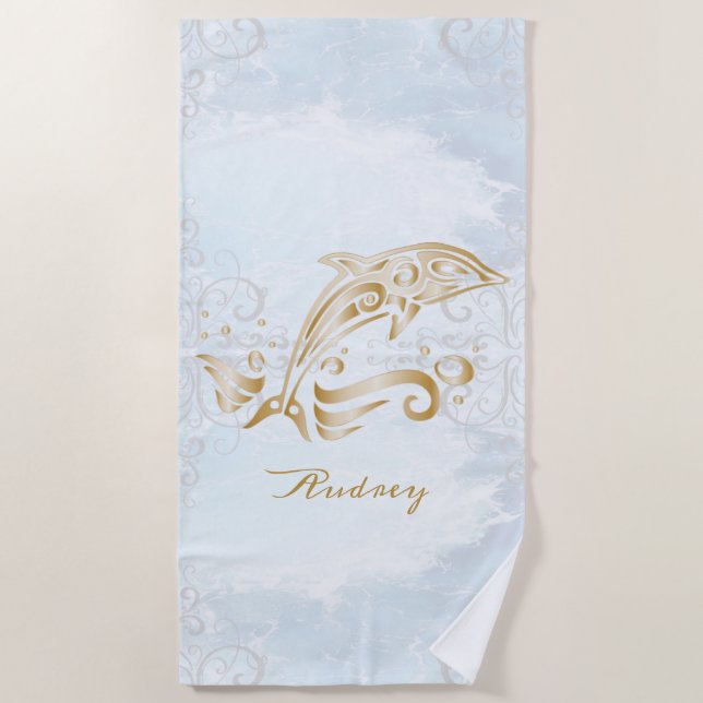 Gold Dolphin Personalized Beach Towel (Front)