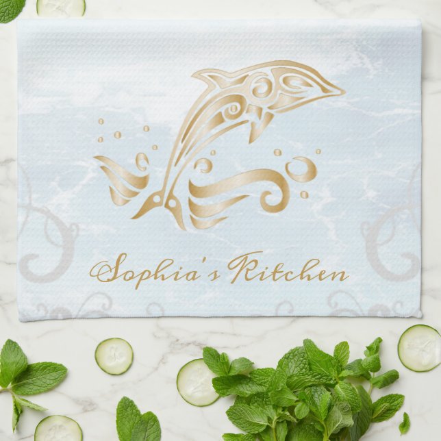 Gold Dolphin Personalized Kitchen Towel (Folded)