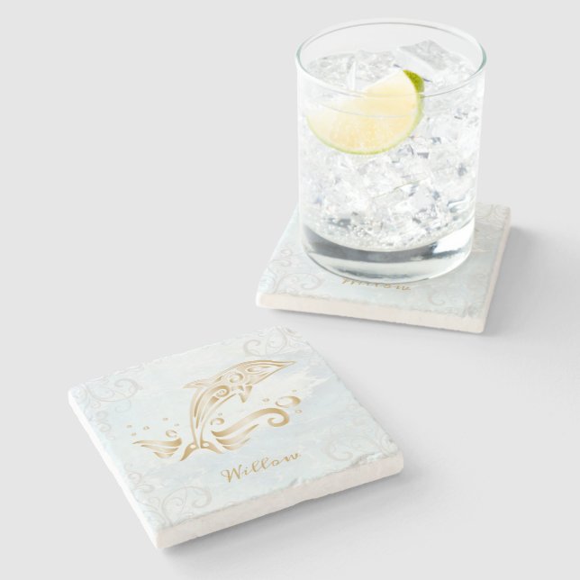 Gold Dolphin Personalized Stone Coaster (Side)