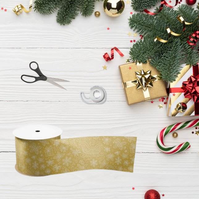 Gold Doodle Christmas Sleigh Pattern Satin Ribbon (Creator Uploaded)