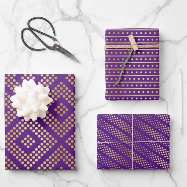 Gold Dot Patterns on Royal Purple Wrapping Paper Sheet (Front)