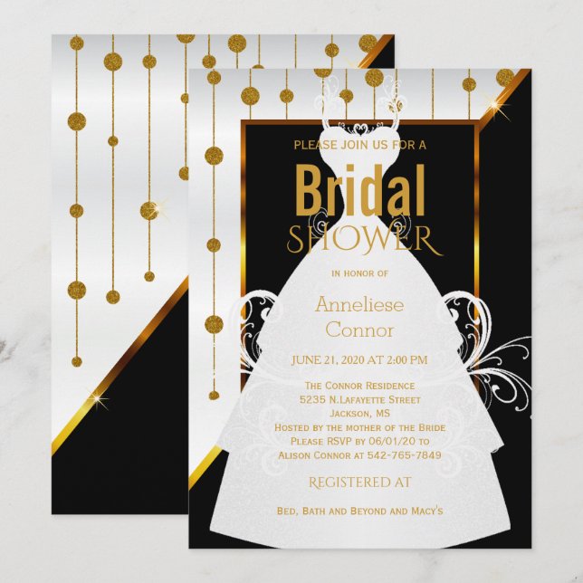 Gold Dots, Black and White Bridal Invitation (Front/Back)