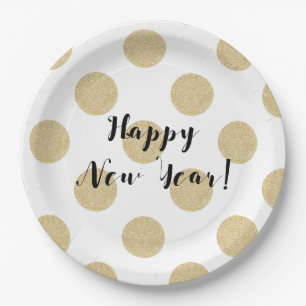 Gold Dots Black & White Modern New Years Eve Paper Plate