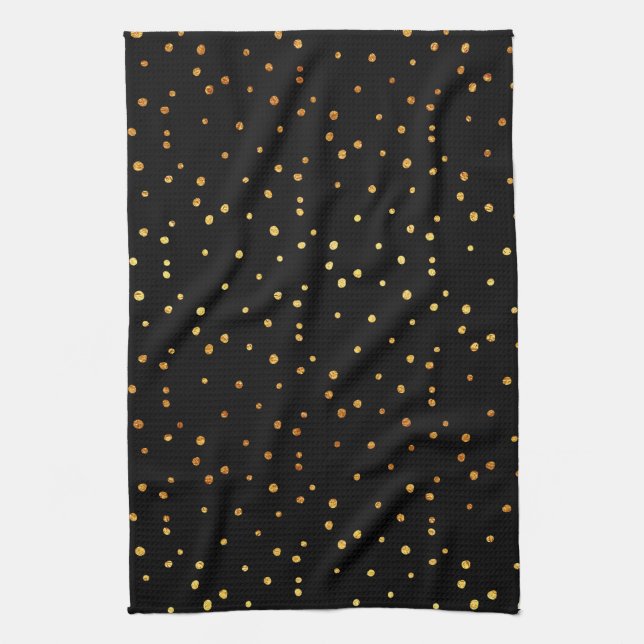 Gold Dots Confetti Faux Foil Metallic Dot Black Kitchen Towel (Vertical)