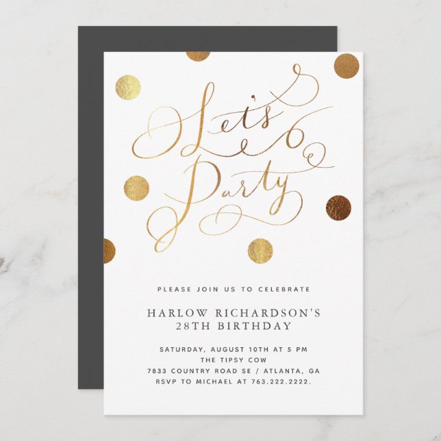 Gold Dots Faisons la fête Invitation d'anniversair (Devant / Derrière)