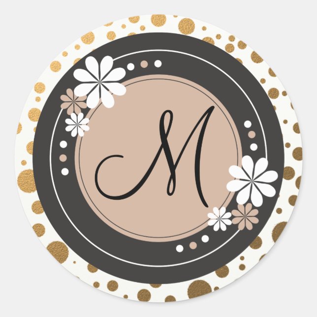Gold Dots Monogram Stickers:Floral Frame Classic Round Sticker (Front)