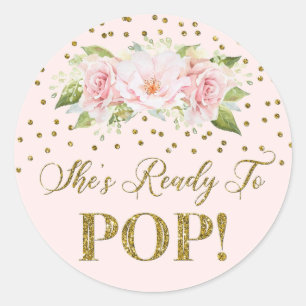 Gold Dots Pink Floral She's Ready to Pop Favour Ta Classic Round Sticker