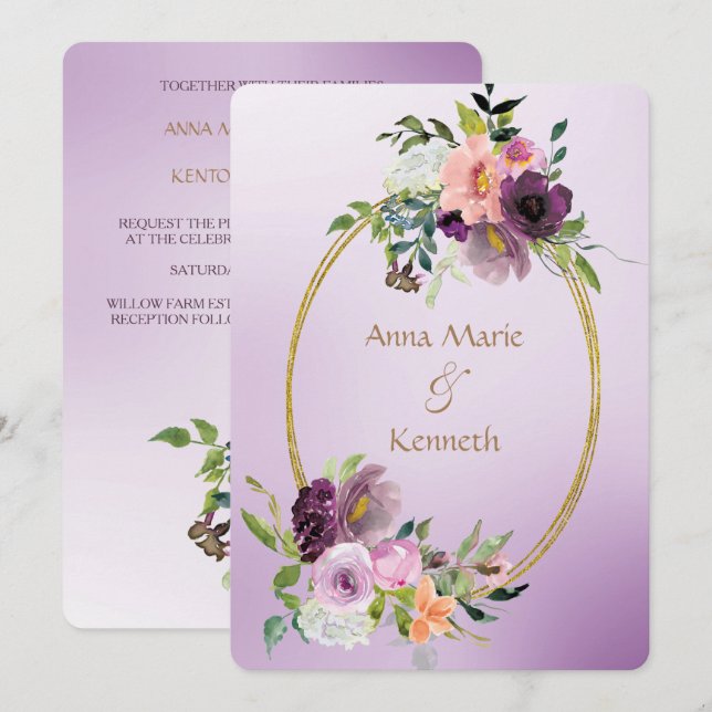 Gold Double Frame Purple Violet Floral Wedding Invitation (Front/Back)