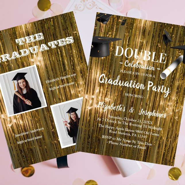 Gold Double Graduation Two Photo Graduates Invitation (Creator Uploaded)