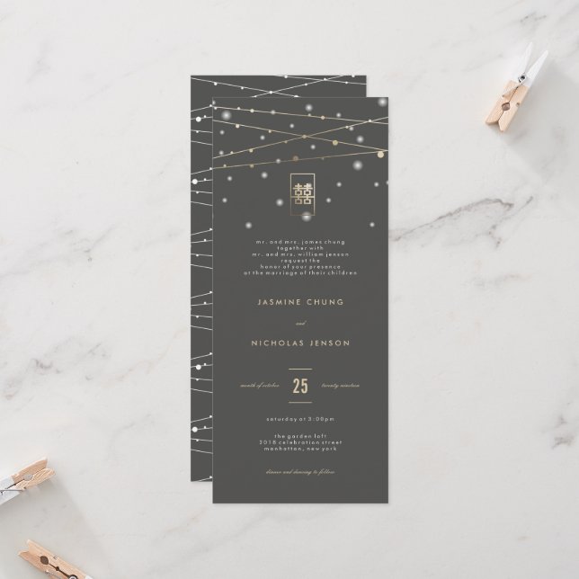 Gold Double Happiness Fairy Lights Chinese Wedding Invitation (Front/Back In Situ)