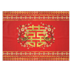 Gold Double Happiness Symbol with flowers and bird Tablecloth