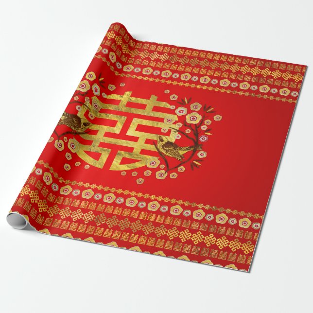 Gold Double Happiness Symbol with flowers and bird Wrapping Paper (Unrolled)