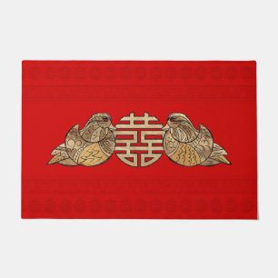 Gold Double Happiness Symbol with Mandarin Ducks Doormat