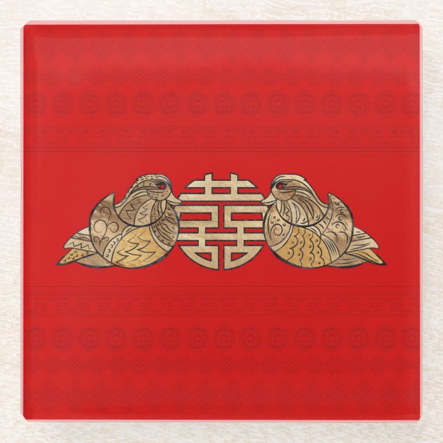 Gold Double Happiness Symbol with Mandarin Ducks Glass Coaster (Front)