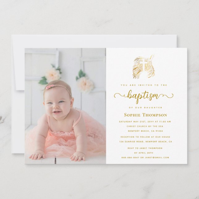 Gold Dove White Cross Girl Religious Baptism Photo Invitation (Front)