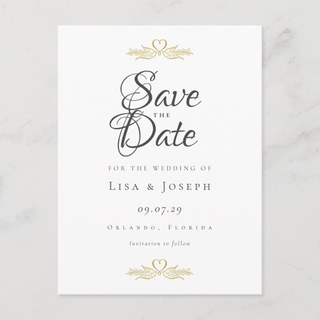 Gold Doves and Heart Elegant Script Save the Date Postcard (Front)