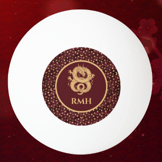 Gold Dragon and Medieval Stars and Moon on Maroon Ping Pong Ball