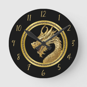 Gold Dragon-Black- Round Clock