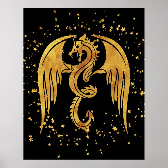 Gold Dragon In The Stars Poster sur fond noir (Devant)