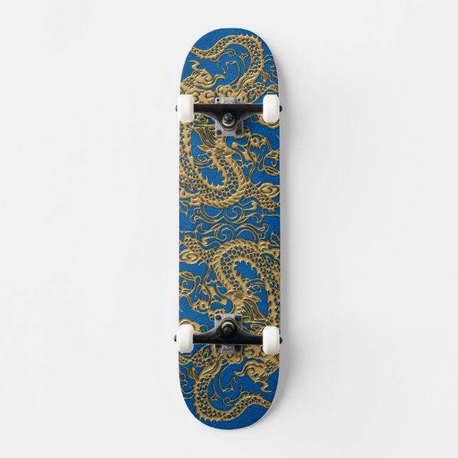 Gold Dragon on Lapis Blue Leather Texture Skateboard (Front)