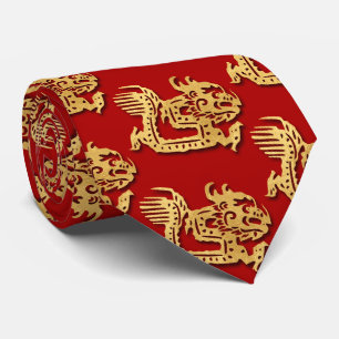 Gold Dragon Papercut Chinese New Year Zodiac Red  Tie