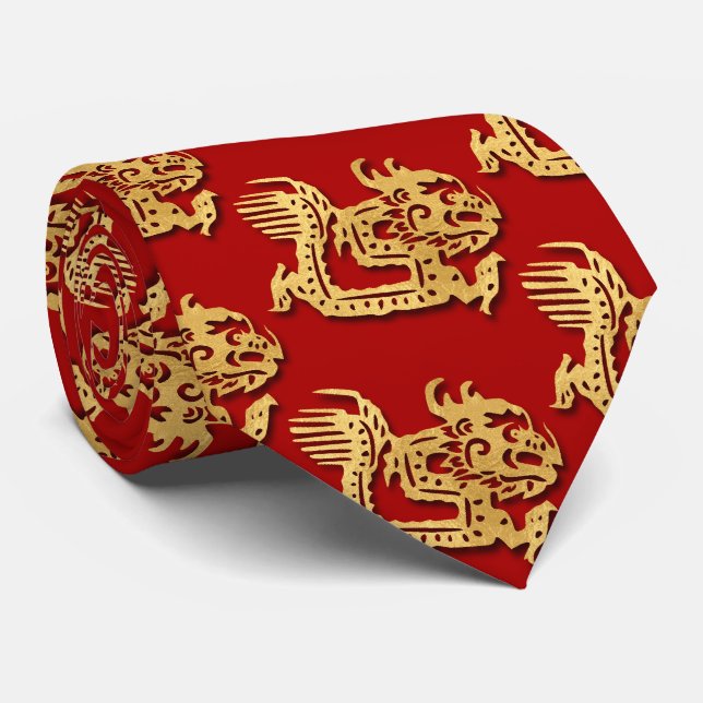 Gold Dragon Papercut Chinese New Year Zodiac Red  Tie (Rolled)