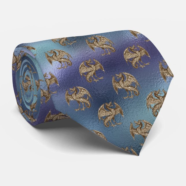 Gold Dragon Pattern on a Blue & Green Background Tie (Rolled)