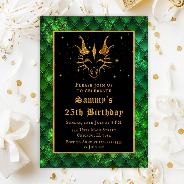 Gold Dragon with Green Scales Birthday Party Invitation (Creator Uploaded)