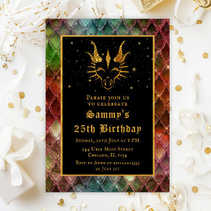 Gold Dragon with Rainbow Scales Birthday Party Invitation