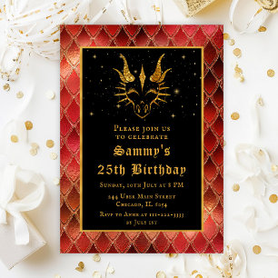 Gold Dragon with Red Scales Birthday Party Invitation
