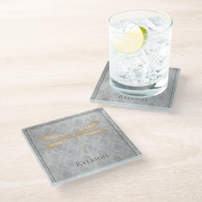 Gold Dragonfly Damask Glass Coaster (Angled)