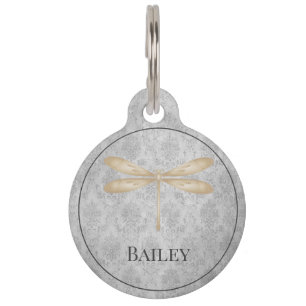 Gold Dragonfly Damask Round Pet Tag