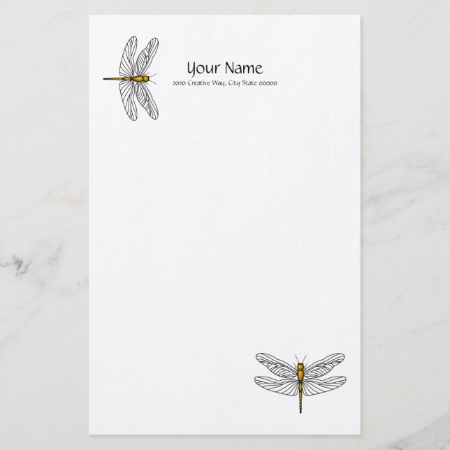 Gold Dragonfly Linen Stationary Stationery (Front)