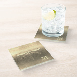 Gold Dragonfly Monogram Glass Coaster