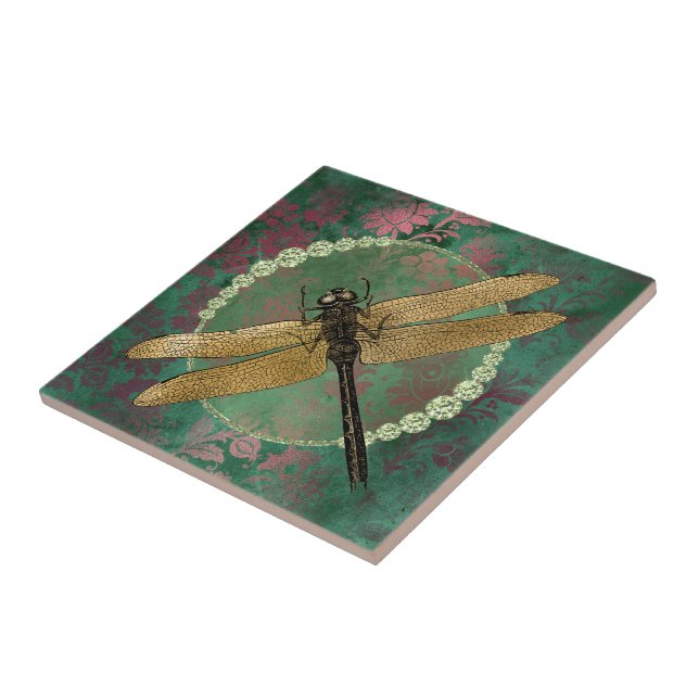 Gold Dragonfly on Green With Rhinestones Tile (Side)