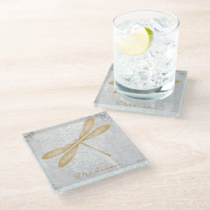 Gold Dragonfly Personalized Glass Coaster
