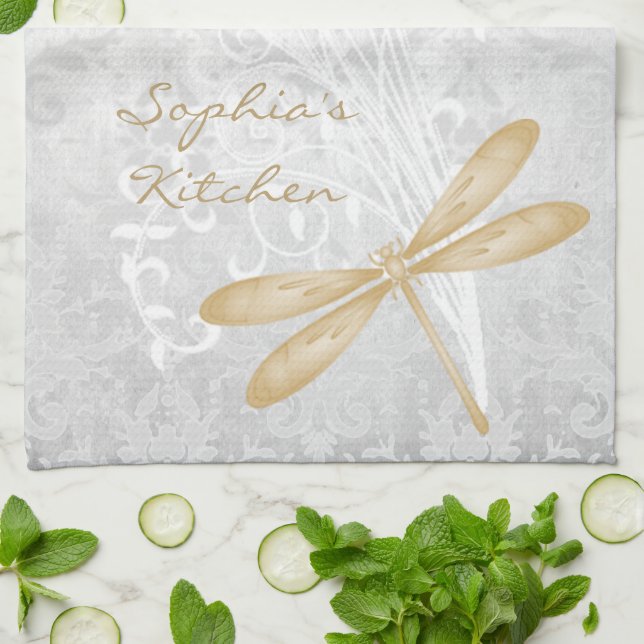 Gold Dragonfly Personalized Kitchen Towel (Folded)