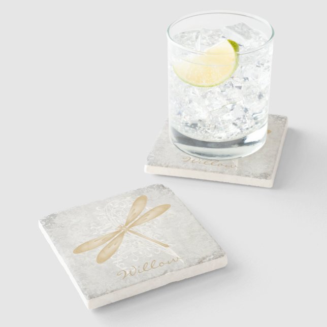Gold Dragonfly Personalized Stone Coaster (Side)